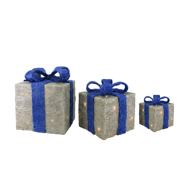 Set of 3 Silver Blue Lighted Gift Boxes Outdoor Christmas Yard Decor