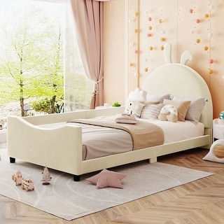 Beige Upholstered Daybed with Rabbit Ear Shaped Headboard, Twin Size