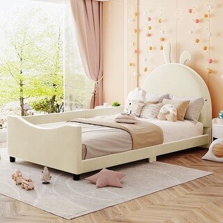 Twin Size Upholstered Daybed with Rabbit Ear-shaped Headboard