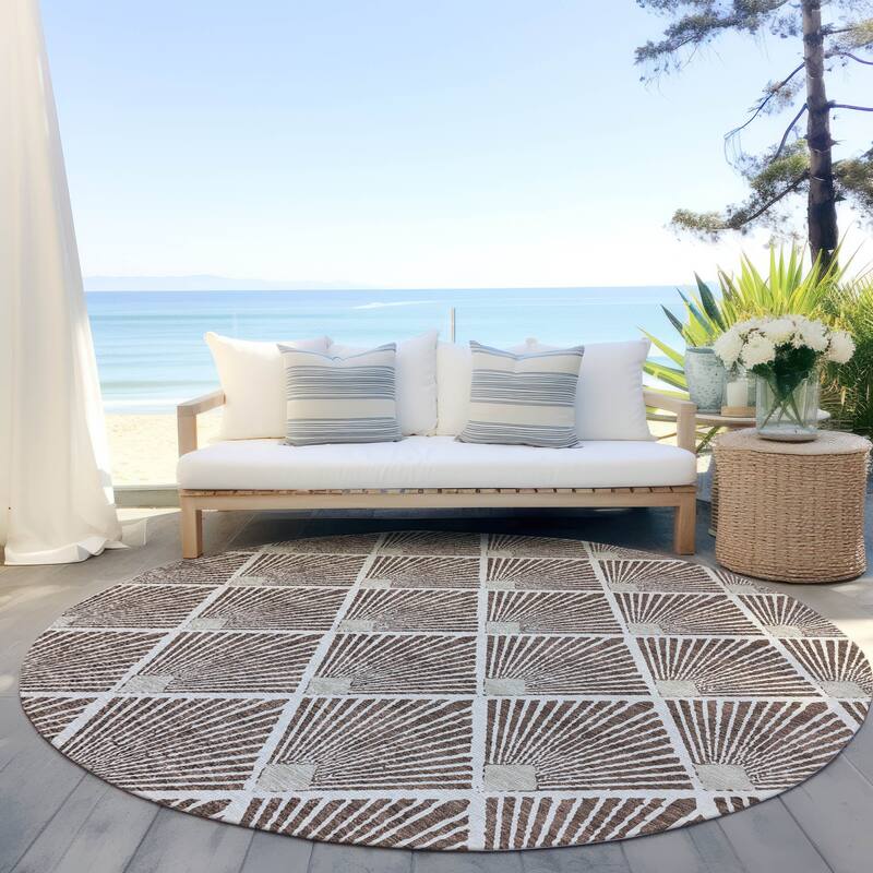 Machine Washable Indoor/ Outdoor Chantille Modern Shells Rug - Brown - 8' x 8'