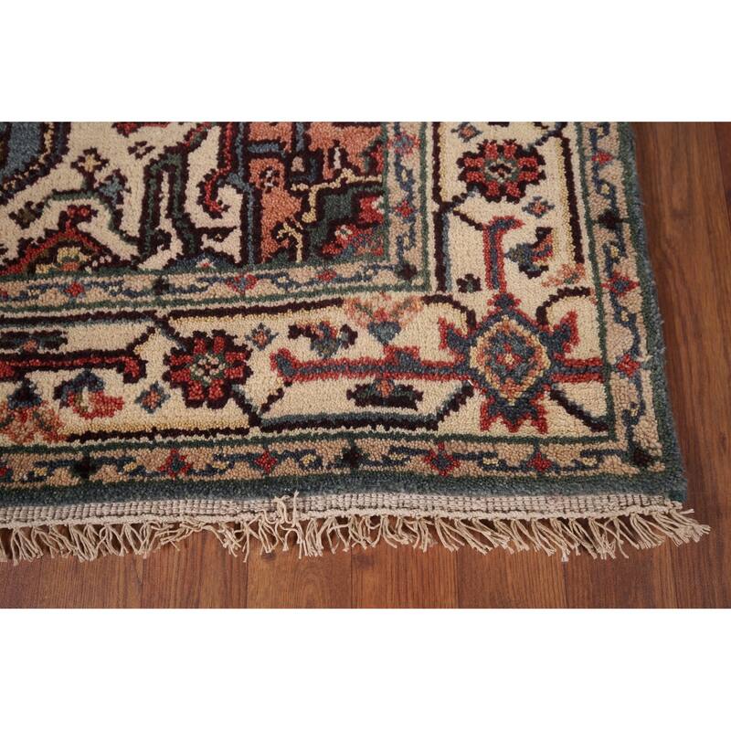 Blue Geometric Heriz Serapi Indian Area Rug Hand-Knotted Wool Carpet - 4'2"x 6'1"