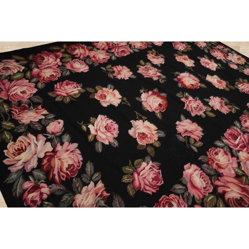 9x12'6'' HandWoven Wool Black French Aubusson Needlepoint European Rug - 9' x 12' 6''