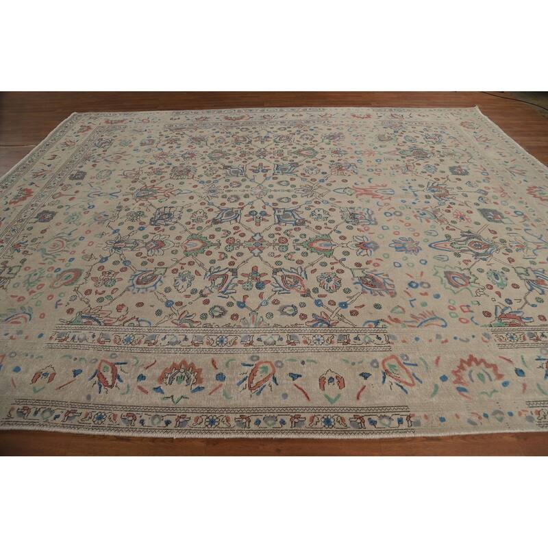 Hand Knotted Oriental 100% Wool Carpet Traditional All-Over Beige & Ivories Tabriz Area Rug - 12' 3'' X 9' 8''