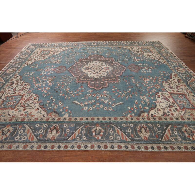 Blue Distressed Tabriz Vintage Persian Area Rug Handmade Wool Carpet - 9'7" x 12'3"