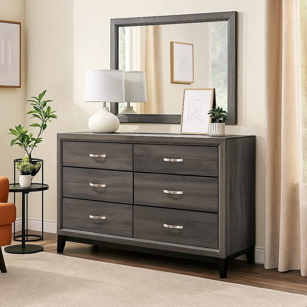 Transitional Wooden Dresser with 6 Spacious Drawers, Gray and Black