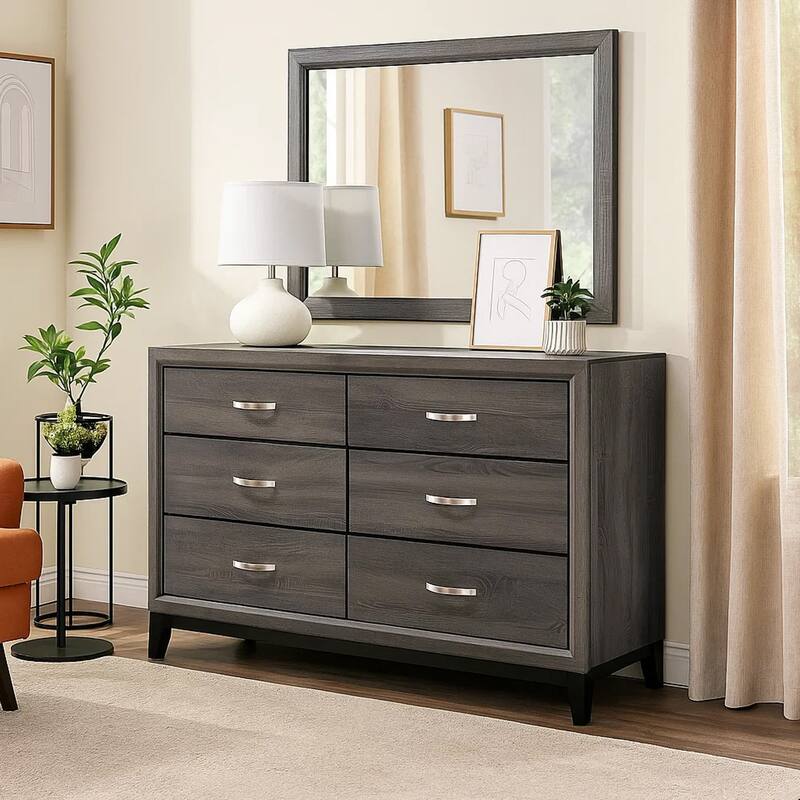 Transitional Wooden Dresser with 6 Spacious Drawers, Gray and Black