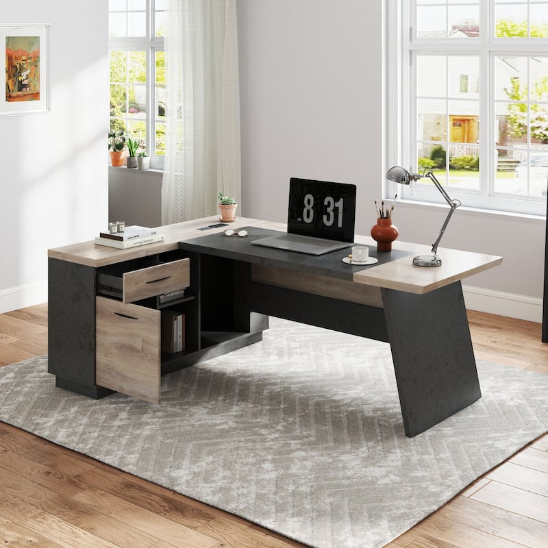 WESOME Black/Wood L-Shaped Executive Desk with Cabinet Built-In Outlet(LP002)