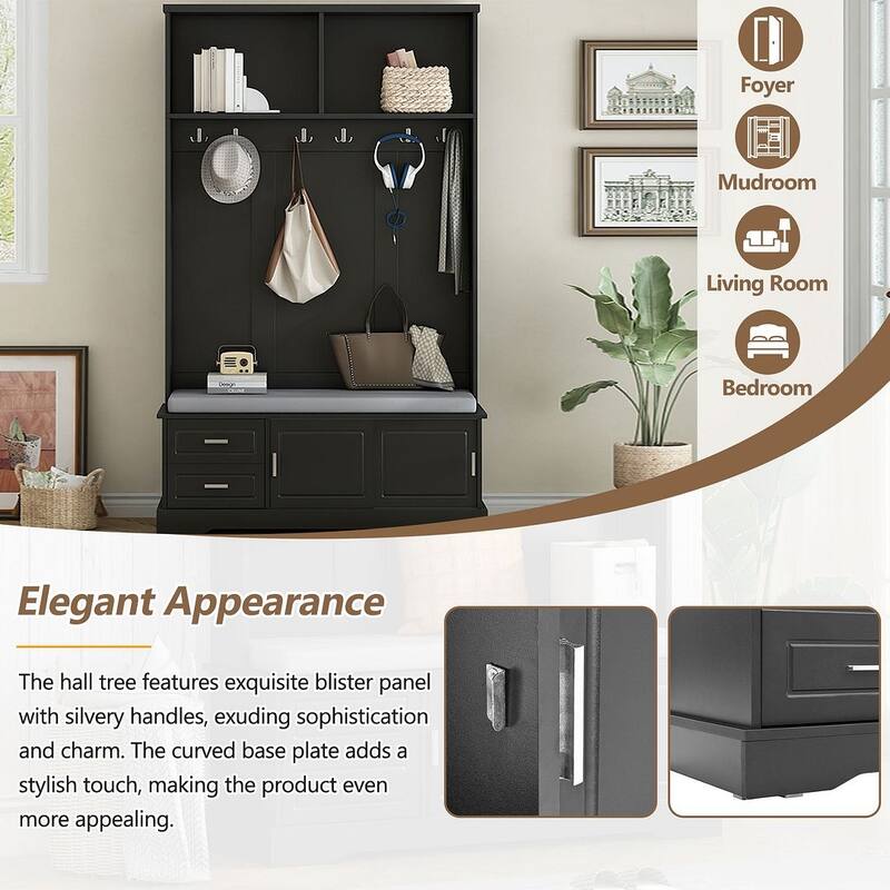 Hall Tree with Sliding Door Bench Cushion Silver Handle Storage Cabinet
