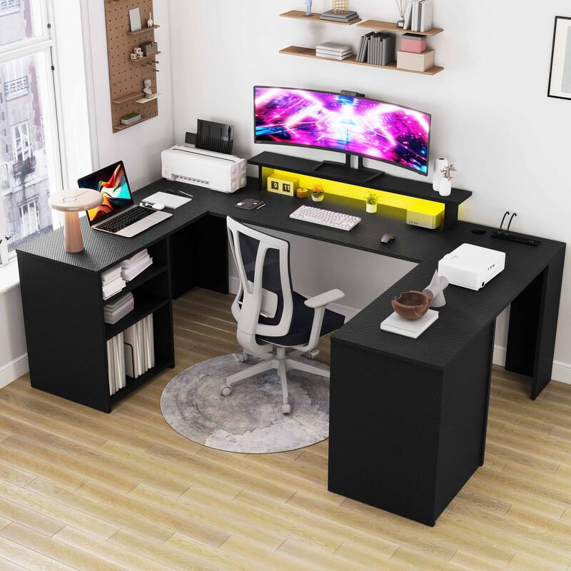 Moasis Farmhouse U-Shaped Desk with LED Lights & Power Outlet - Black