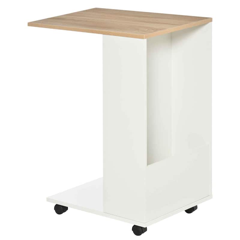 HOMCOM C-Shaped Sofa Side Table Mobile End Table with Storage and Wheels for Living Room, Bedroom, Office