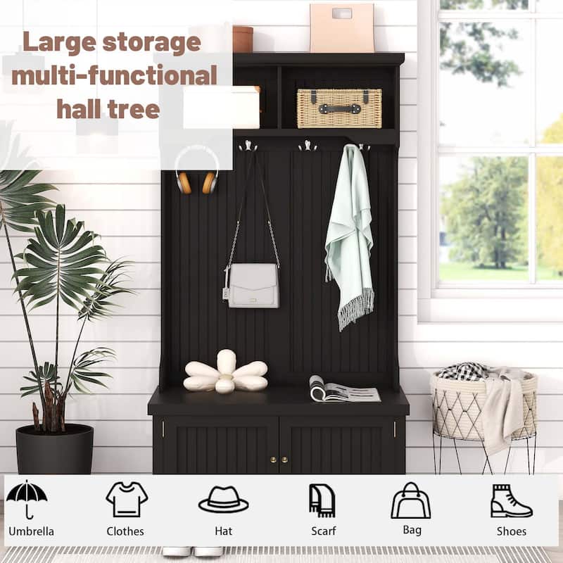 4-in-1 Hall Tree Coat Racks with Storage Shoe Bench, Stripes Wardrobe ...