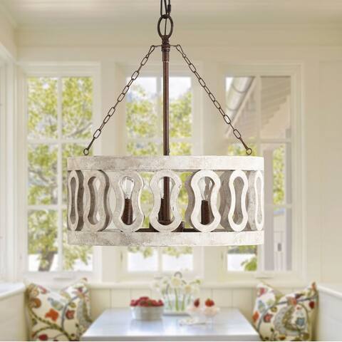 3-Light Drum Shade Wood Chandelier with 3 Chains, Rust Wood