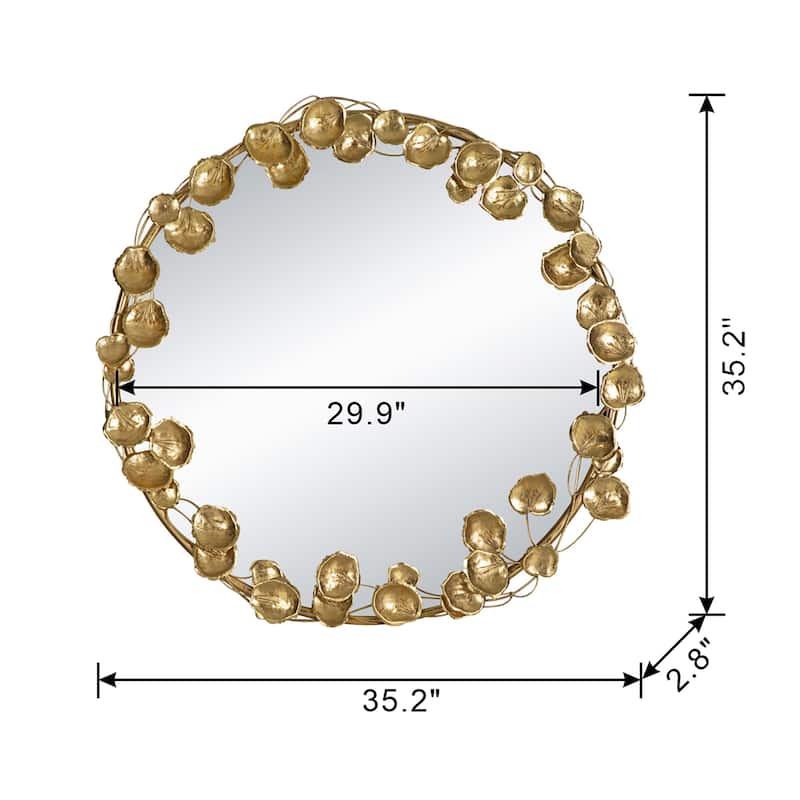 Round Metal Wall Mirror with Golden Leaf Accents