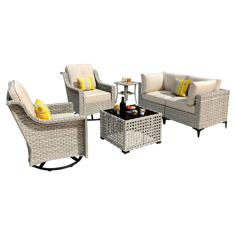 OVIOS 6 Pieces Outdoor Wicker Swivel Chair Set With Solar-Powered Coffee Table