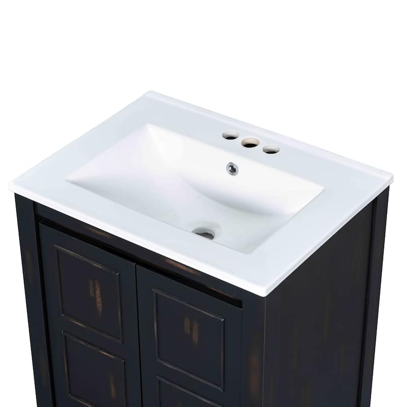 24" Small Bathroom Vanity with Ceramic Sink, Solid Wood Frame Bathroom Storage Cabinet