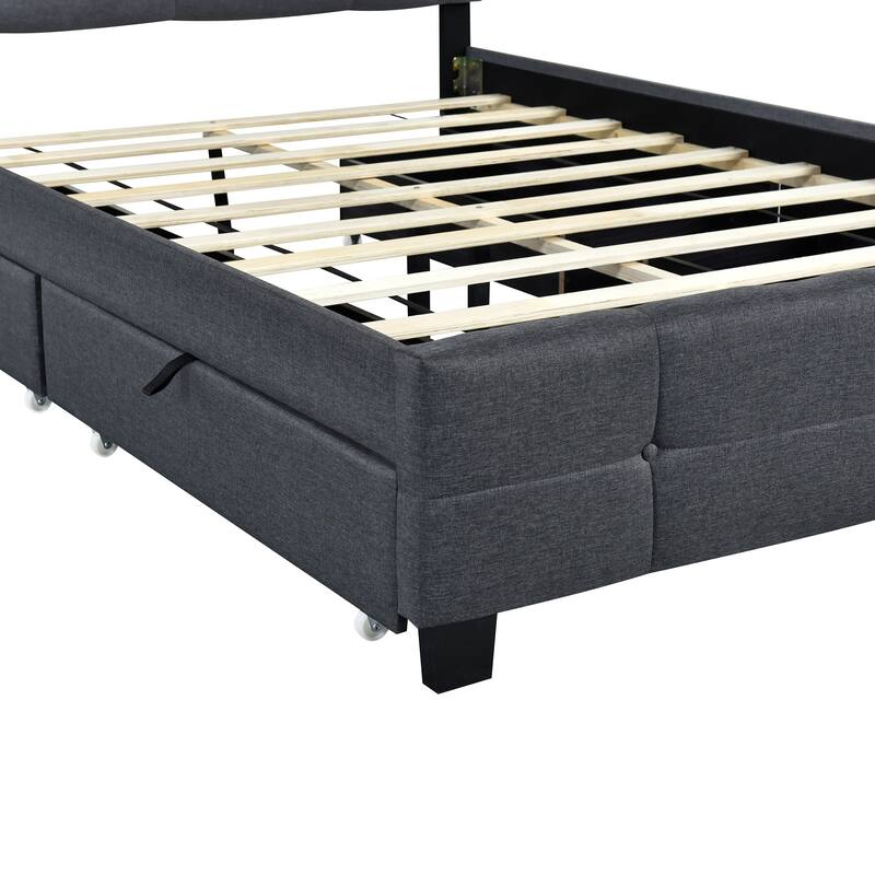 Linen Upholstered Platform Bed Frame with LED Light Headboard & 2 Drawers