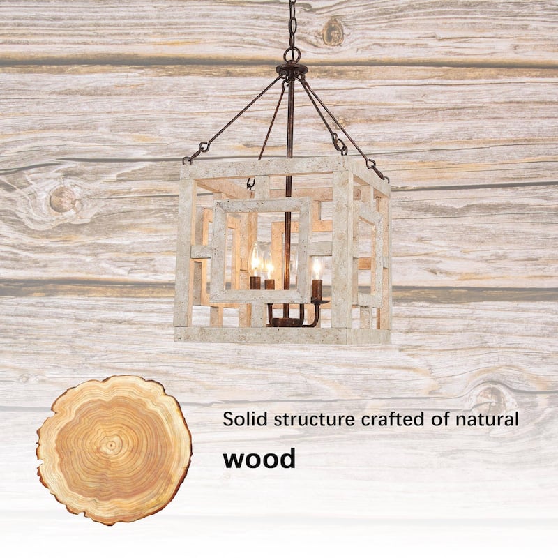 Modern Farmhouse 4-Light Pendant Wood Rustic Square Island Lights - W 13.5" x D 13.5" x H 26"