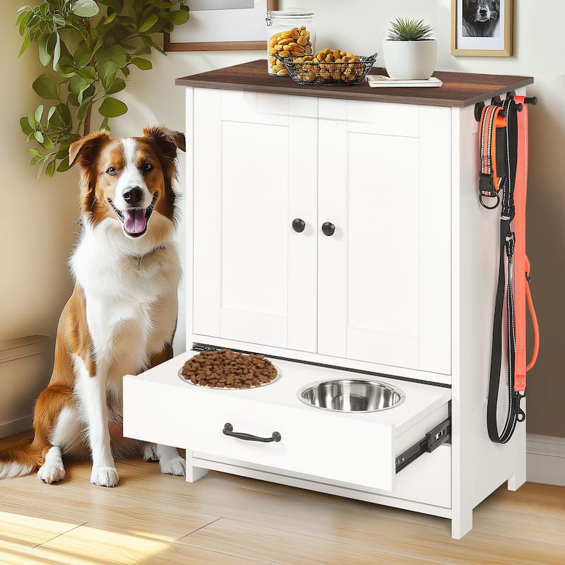 14"W Multi-functional Dog Crate,Dog Feeding Station,Double Door Locker w/2 Adjustable Dog Bowls - Dark brown+White