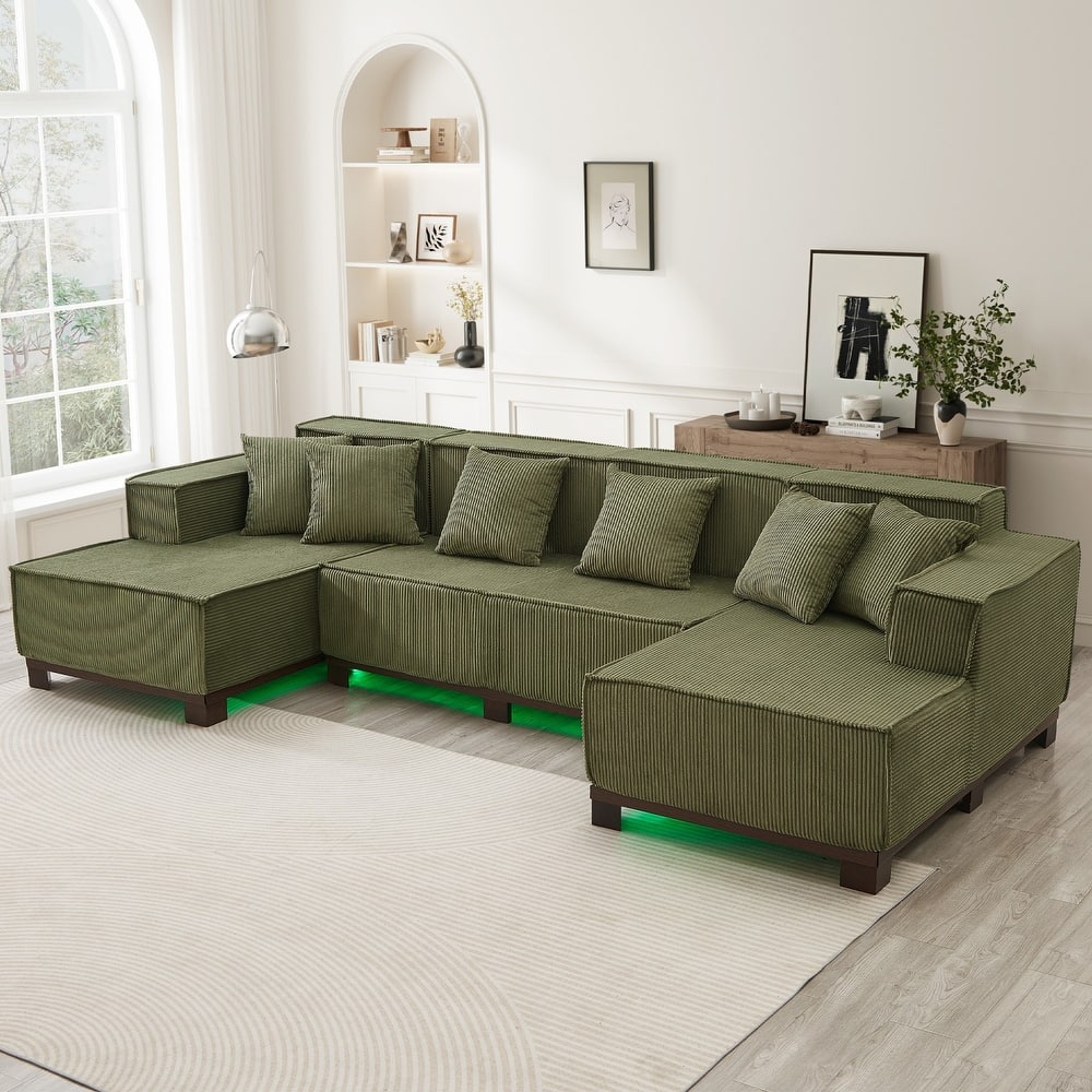 130" U-Shaped Upholstered Sectional Sofa with RGB LED Light Strip and 6 Pillows