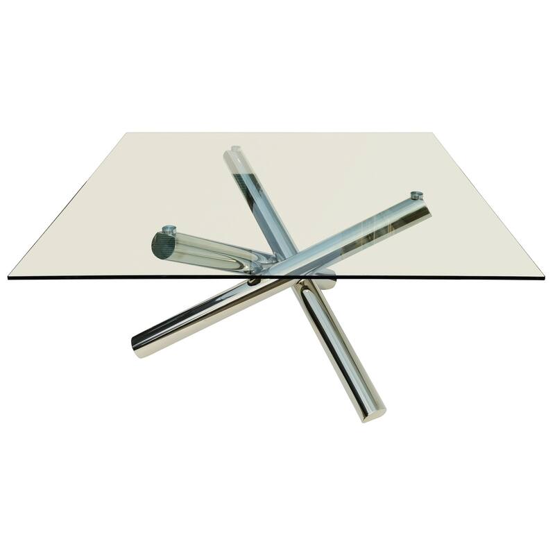 HomeRoots 60" Clear and Silver Glass and Metal Cross Leg Base Square Dining Table - 60.00 in. x 30.00 in. x 60.00 in.