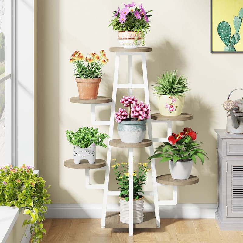 7 Tier Plant Stand Indoor, Tall Plant Shelf for Multiple Plants, Wooden Corner Plant Pots Holder Rack Flower Stand Shelf - Beige Brown