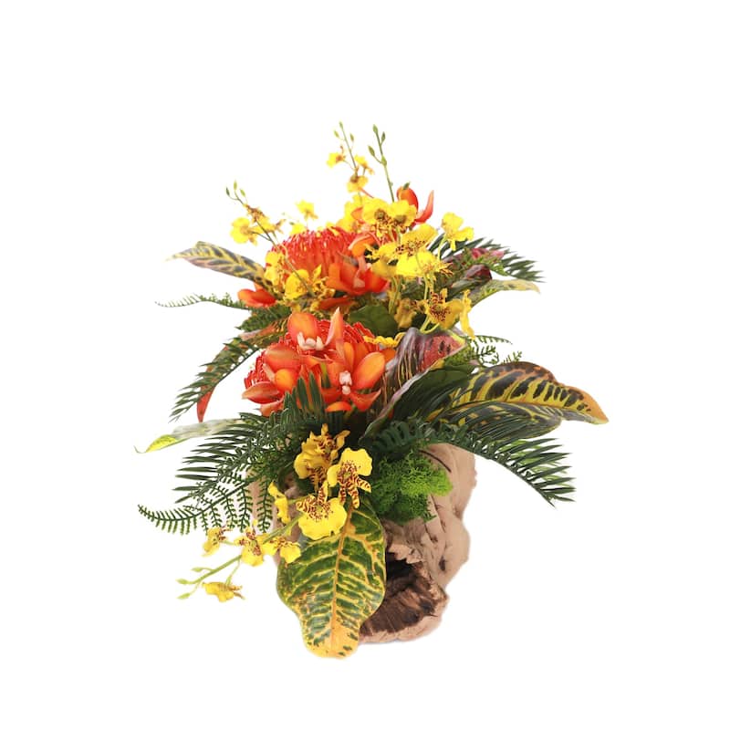 Tropical Flower Arrangement in Grapevine Log - Orange red, yellow, green