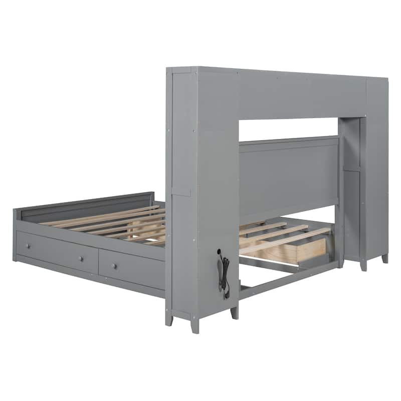 Queen Size Wooden Bed with Built-in Storage, Shelves, and Outlets in Gray
