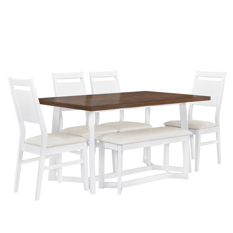 Farmhouse Style 6Piece Dining Table Set with Upholstered Chairs and