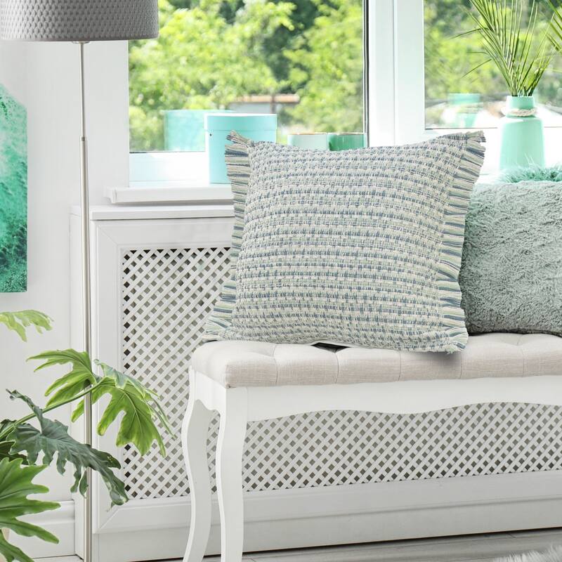 24" Blue and White Interwoven Fringed Outdoor Square Throw Pillow