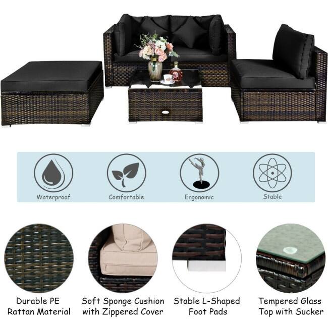 5 Pcs Outdoor Patio Rattan Furniture Set Sectional Conversation with Cushions - 29.5'' x 29.5'' x 25.5'' (L x W xH)