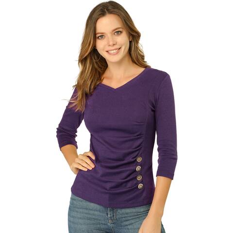Allegra K Women's Buttons Decor V Neck 3/4 Sleeve Knit Ruched Top