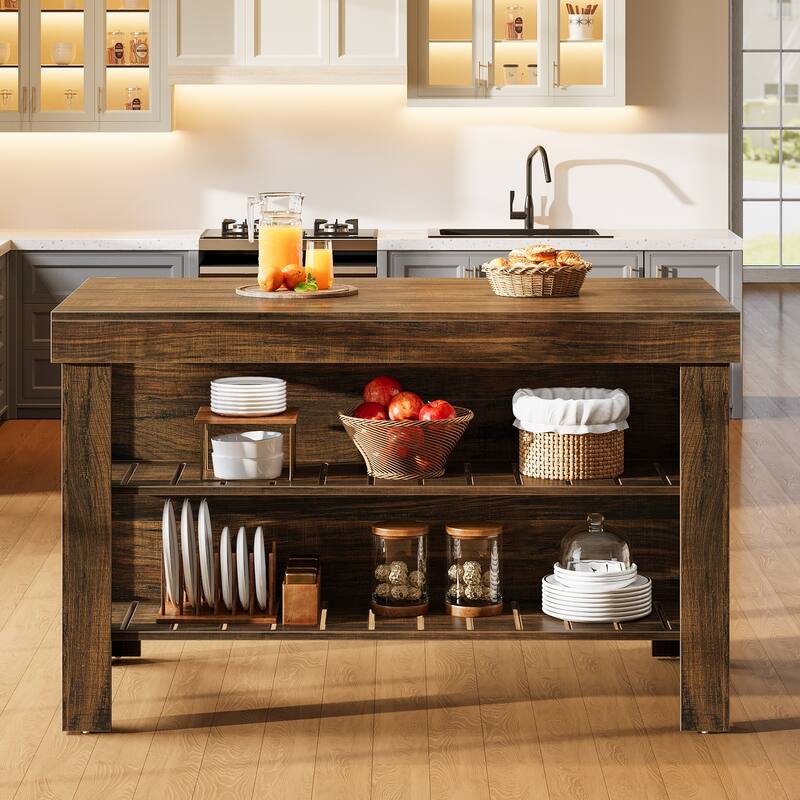 55.1-Inch Kitchen Island with Seating and Storage Shelves