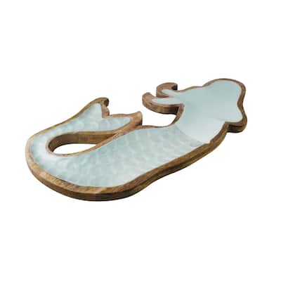Mermaid Garden Wood And Enamel Platter Nautical Beach House Kitchen - Green