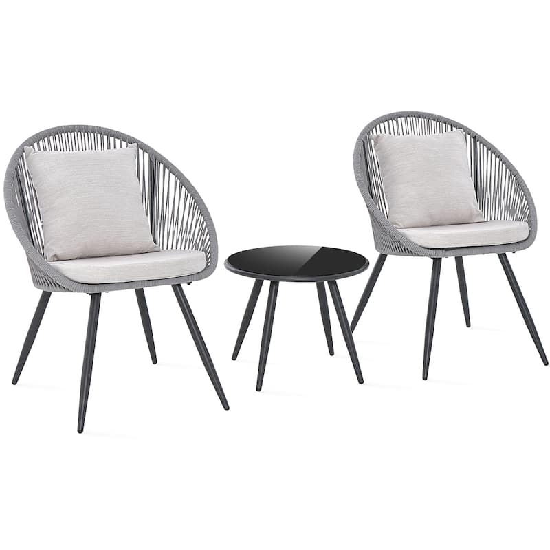 Gymax 3 Piece Furniture Set w/ Seat & Back Cushions Tempered Glass - Grey