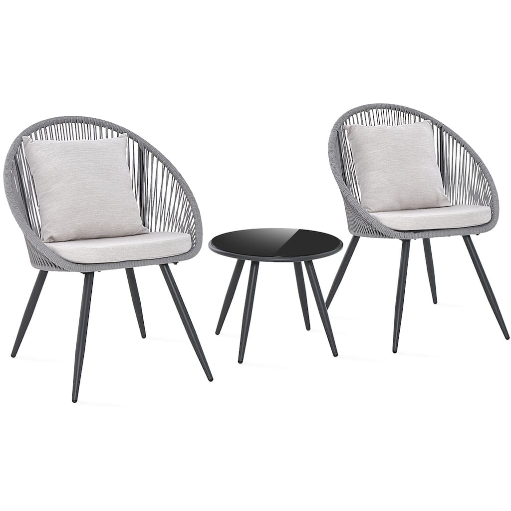 Gymax 3 Piece Furniture Set w/ Seat & Back Cushions Tempered Glass