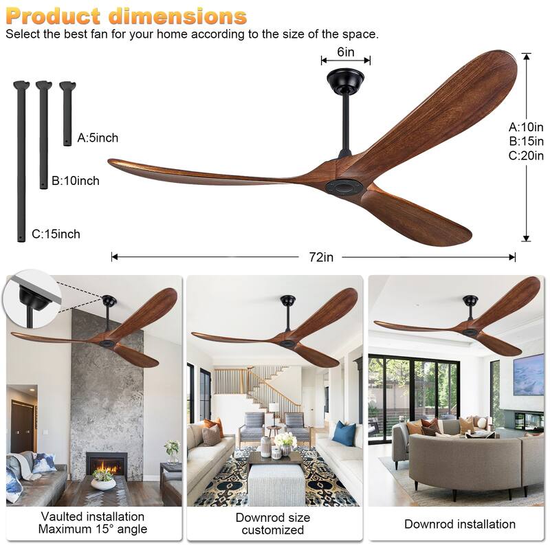72"Large Size Solid Wood Ceiling Fan without Lights with Remote Control and Wall Switch, for Patio,Indoor,Living Room,Bedroom