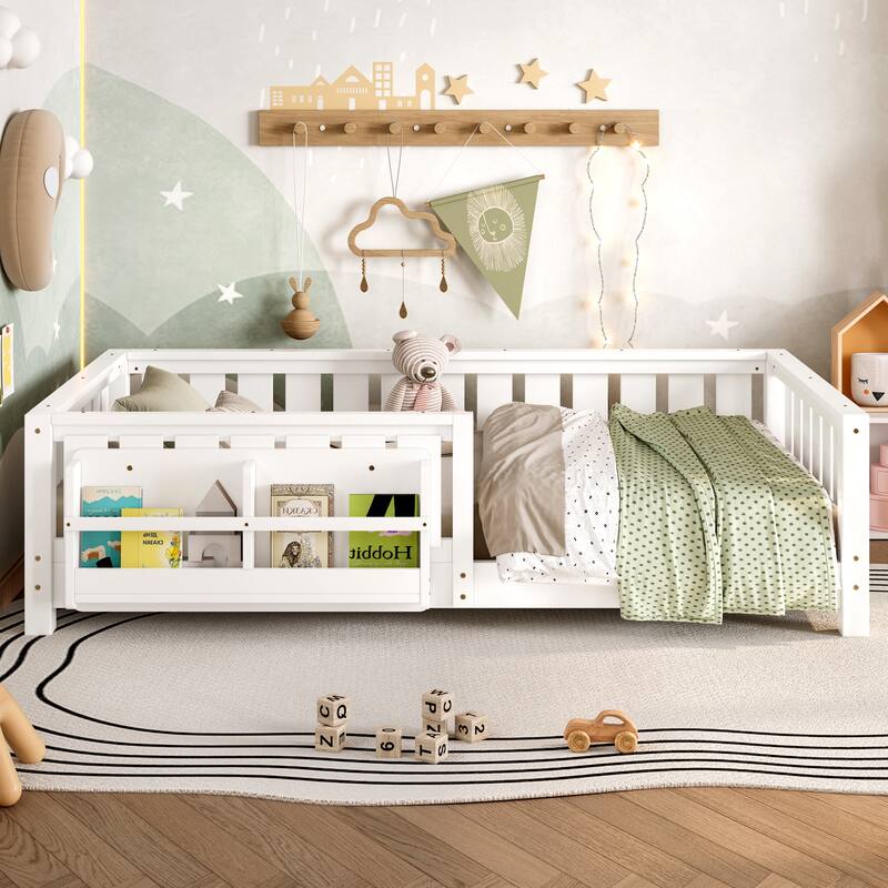 Montessori Floor Bed Low Profile Kids Bed with Rails & Bookshelf
