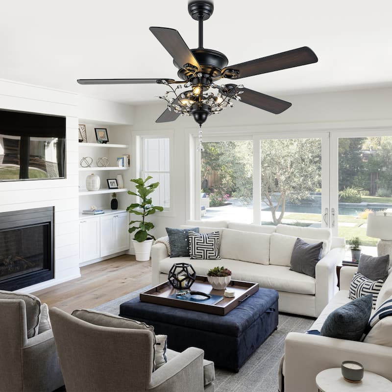 Bella Depot 52-inch Modern Crystal Ceiling Fan with Light Kit and Remote, 6-Speed Reversible Fandelier - 52"