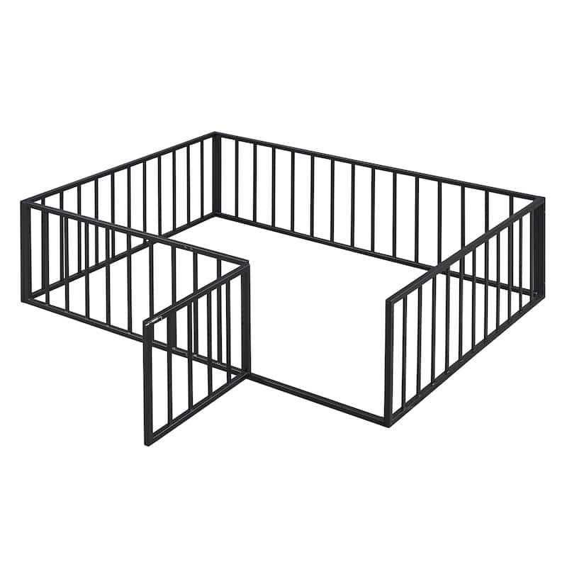 Metal Floor Bed Frame with Fence and Door