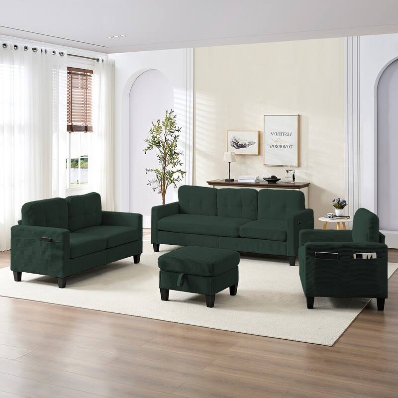 Mixoy 76'' L-Shaped Sofa Set,Corduroy Sectional Sofa,Mid Century 3-Seater Sofa with Storage Ottoman/Loveseat/Single Sofa