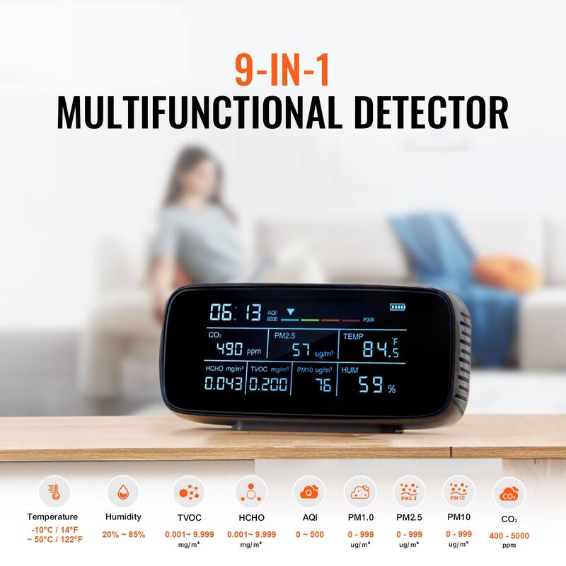 Air Quality Monitor 9-IN-1 for Indoor/Outdoor, Air Quality Meter w/Alarm Thresholds