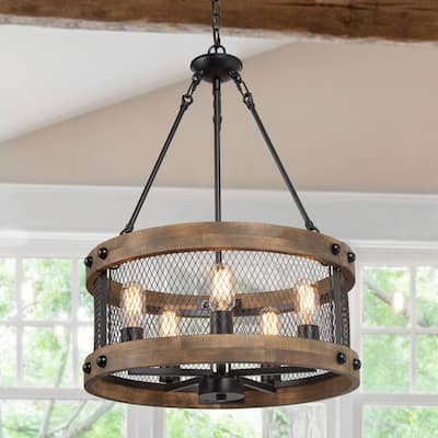 Modern Farmhouse 5-Light Wood Drum Chandelier for Dining Room - D19"xH27.5"