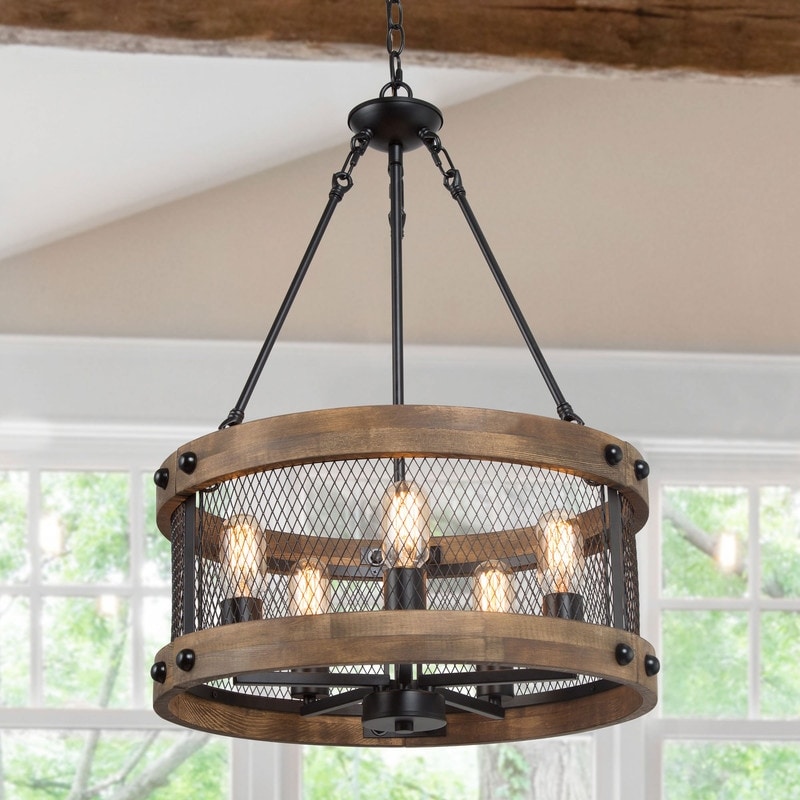Modern Farmhouse 5-Light Wood Drum Chandelier for Dining Room - D19"xH27.5"
