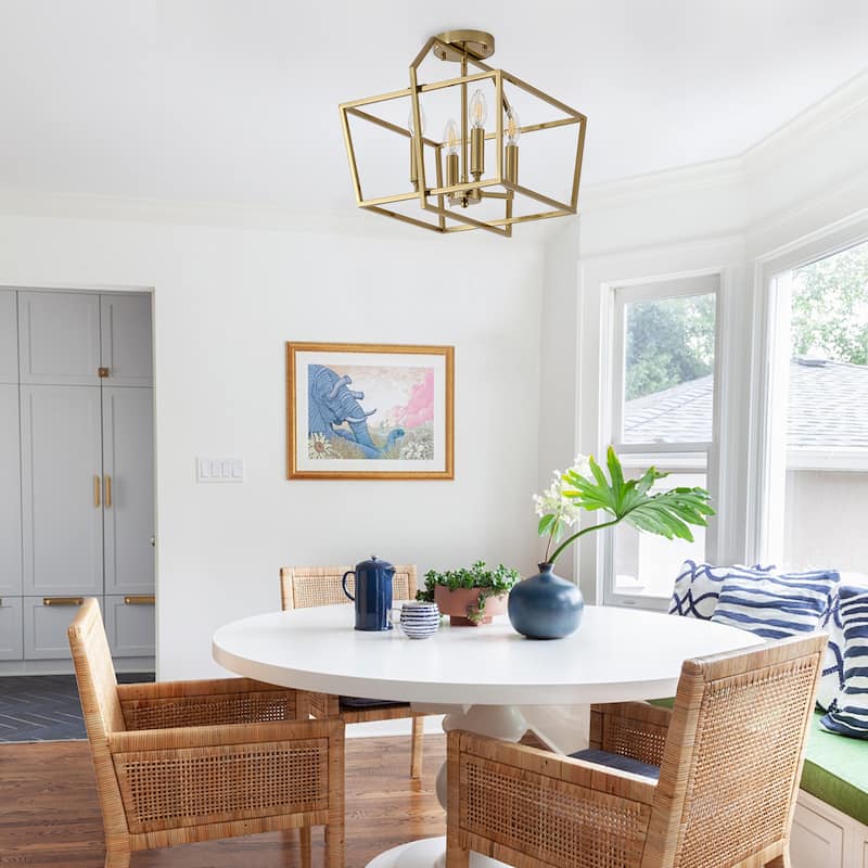Modern 4 - Light Semi - Flush Mount, Gold Geometric Cube Design