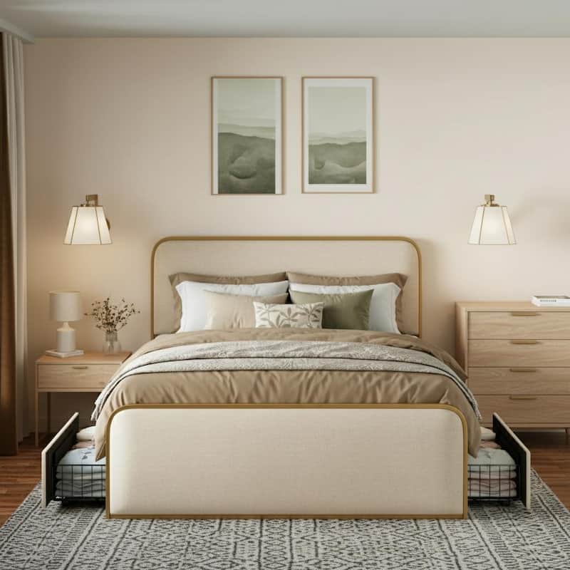 Modern Metal Platform Bed with Curved Upholstered Headboard by Harper&Bright Designs