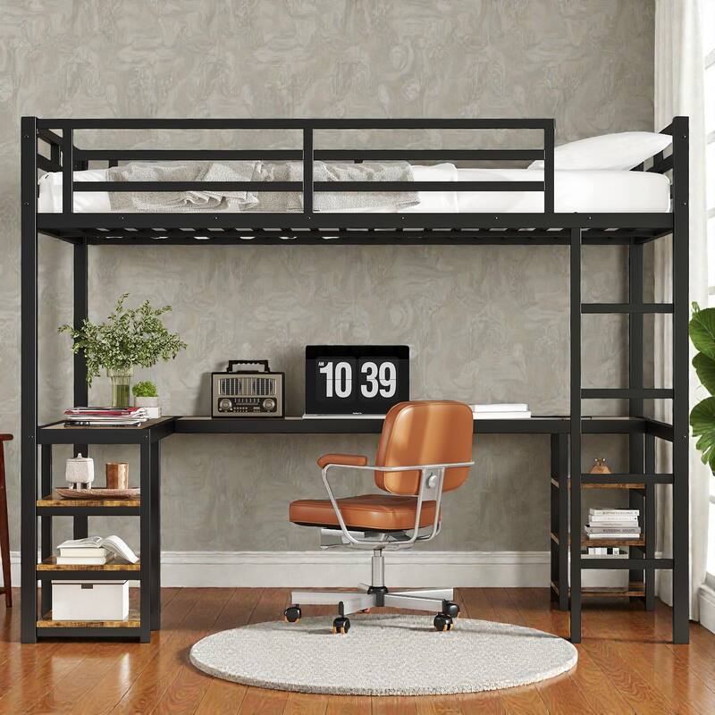 Twin XL Metal Loft Bed with Desk and Shelves, L Shaped Loft Bed Frame with Ladder and Guardrails - Black - Twin XL