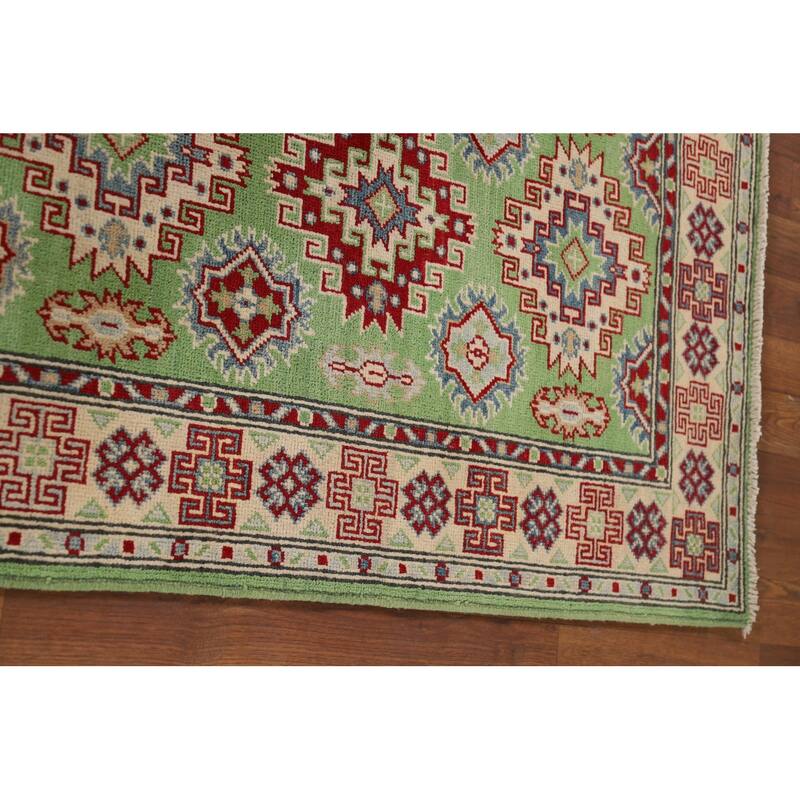 Light Green Kazak Oriental Runner Rug Hand-Knotted Wool Carpet - 2'9" x 9'7"