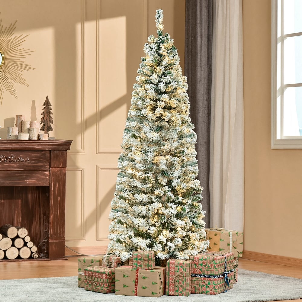 HOMCOM 6FT/7FT/9FT Slim Flocked Christmas Tree with Lights, Skinny Christmas Tree with Stand