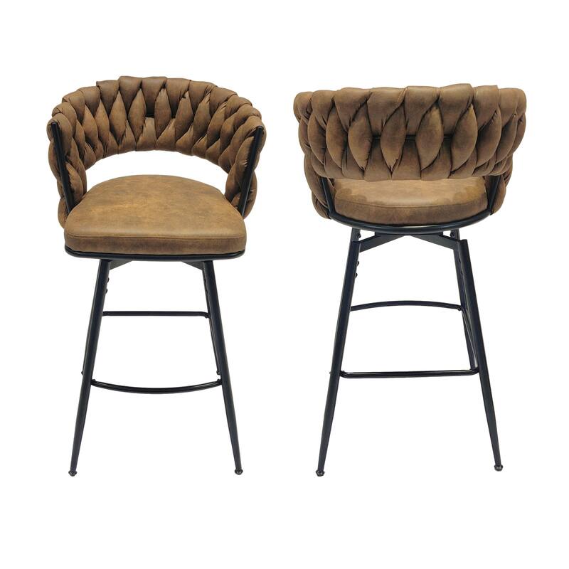 28" Technical Leather Woven Bar Stool Set of 2, Black legs Barstools, No Adjustable Kitchen Island Chairs