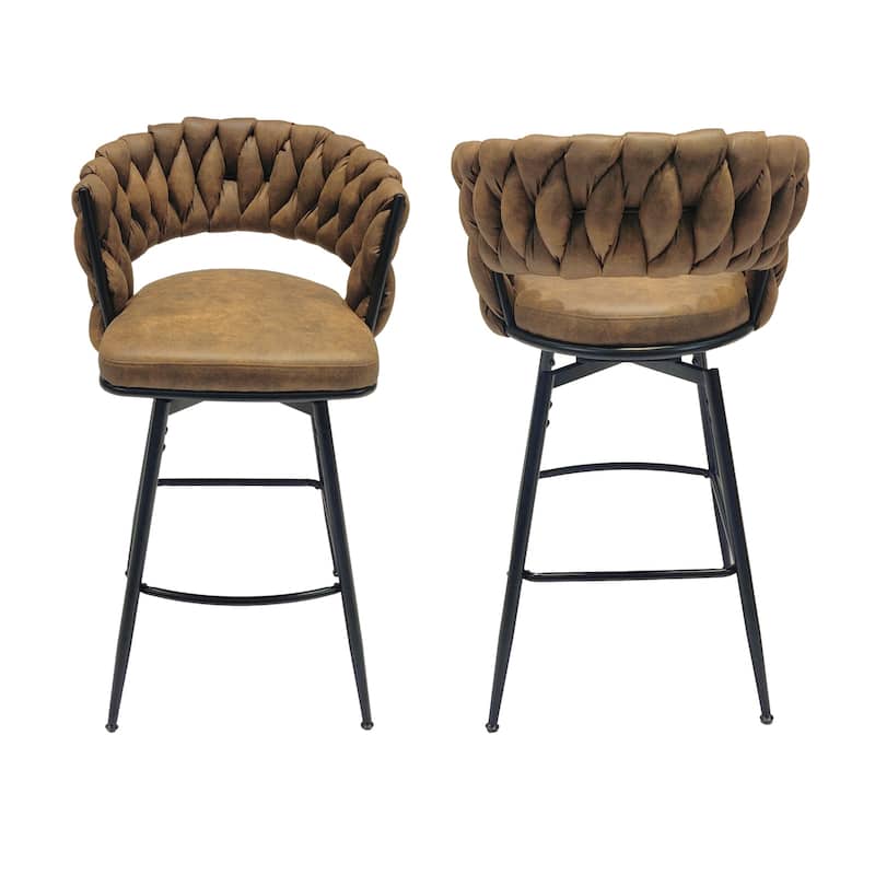 Set of 2 Brown 28" Swivel Bar Stools, Technical Leather Woven Upholstery with Back, Footrest & Black Legs